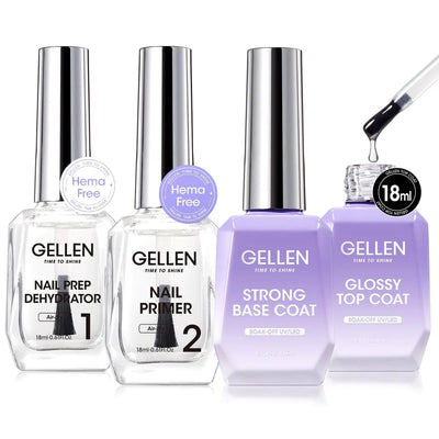 Gellen Nail Dehydrator and Primer with Base Coat Top Coat Acid-Free Hema-free Nail Prep Dehydrator Primer 18ml UV Superior Glossy Top Coat for Acrylic Gel Nail Polish Nail Art Supplies Gift for Women